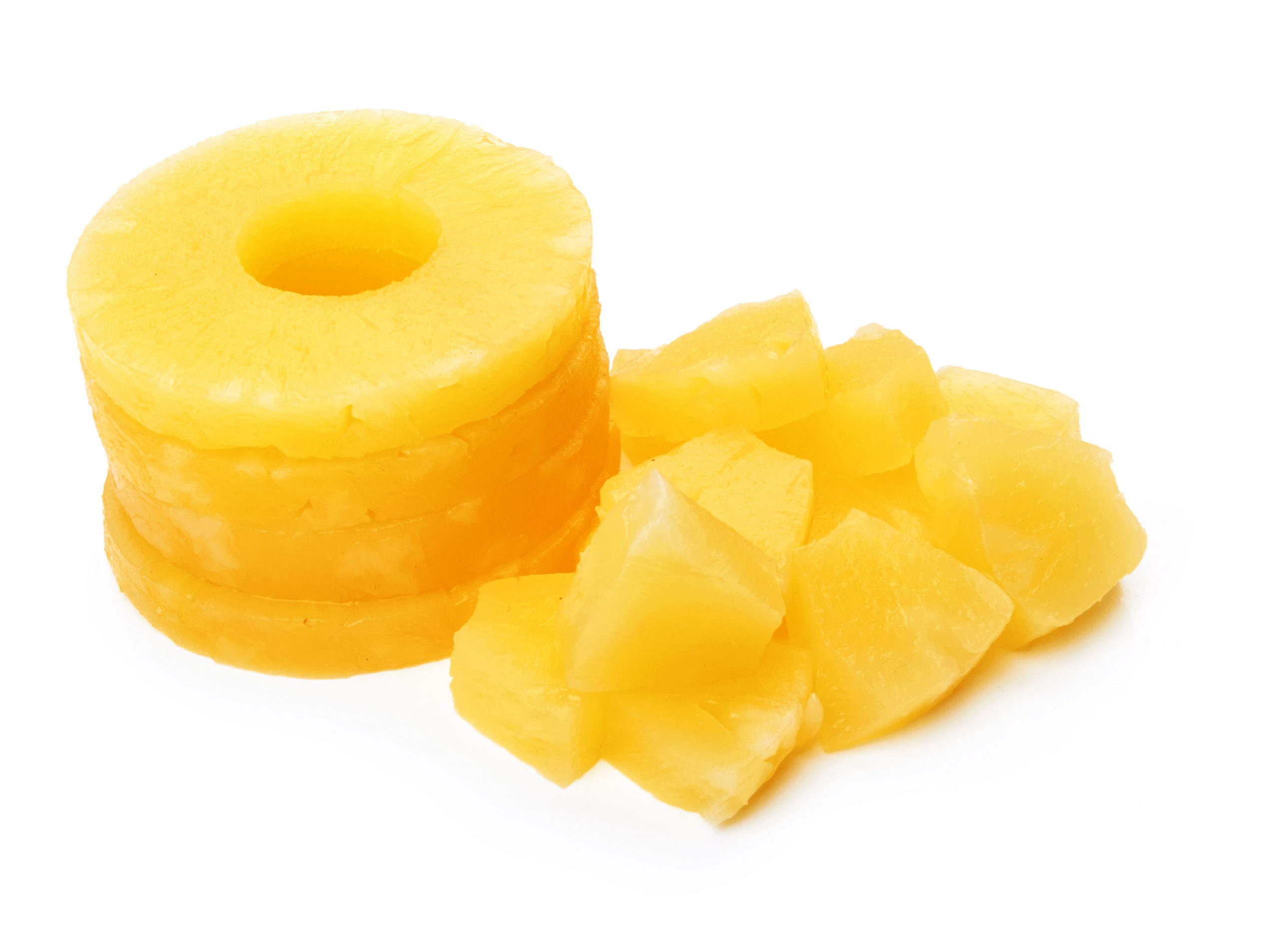 chunks of canned pineapple on white background